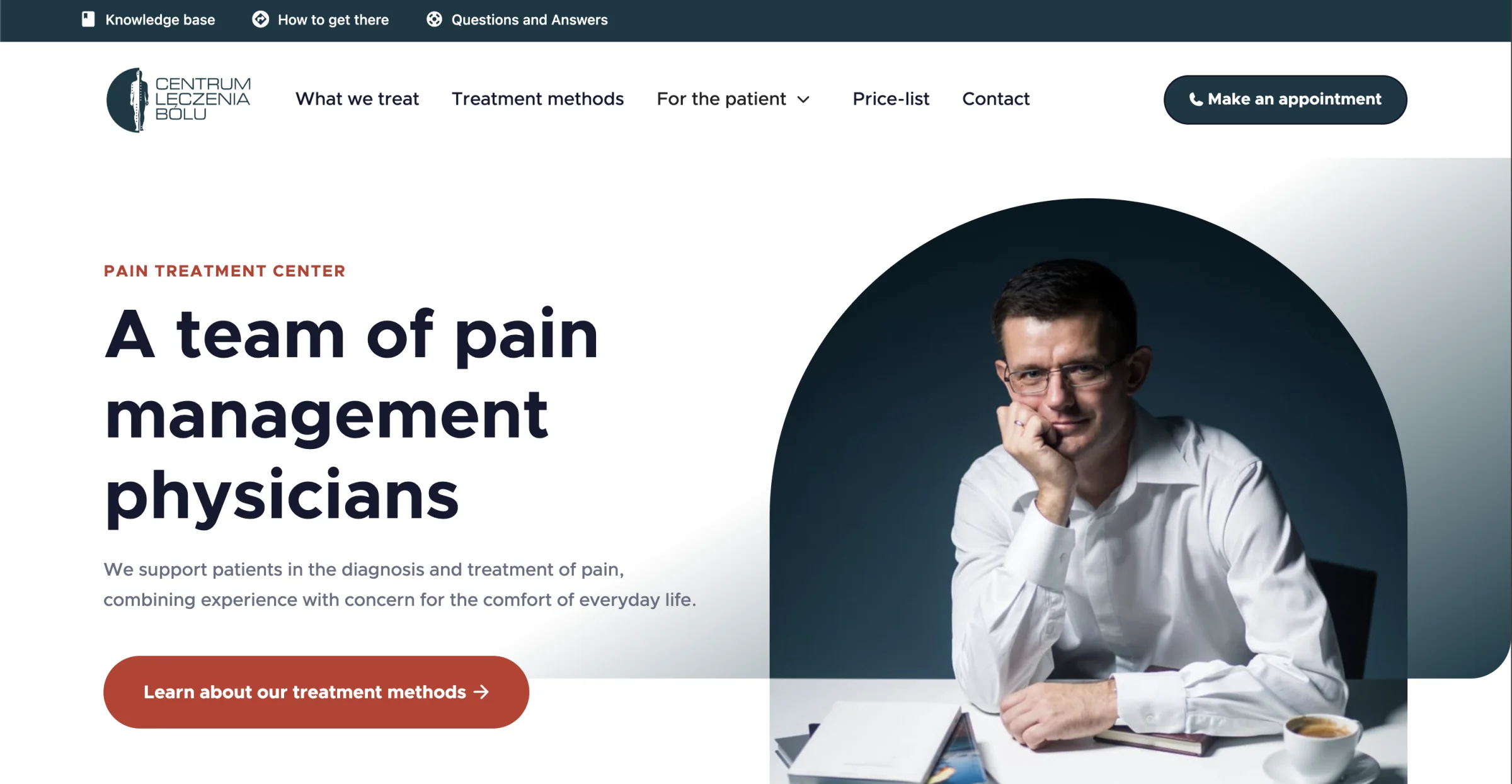 After: CentrumLB homepage with a physician-led hero, clearer treatment messaging and a prominent appointment button