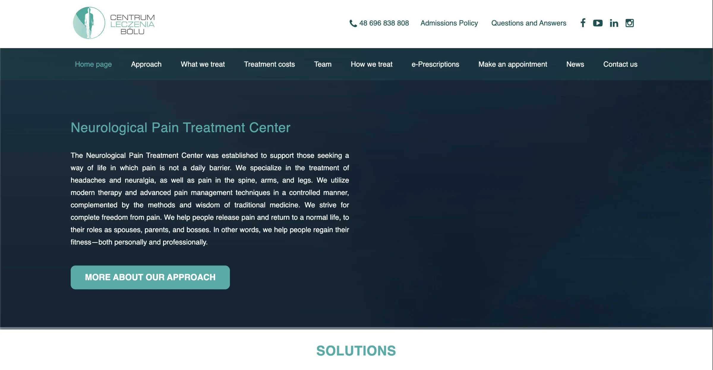 Before: CentrumLB homepage with dense navigation and a long generic introduction to the neurological pain treatment centre