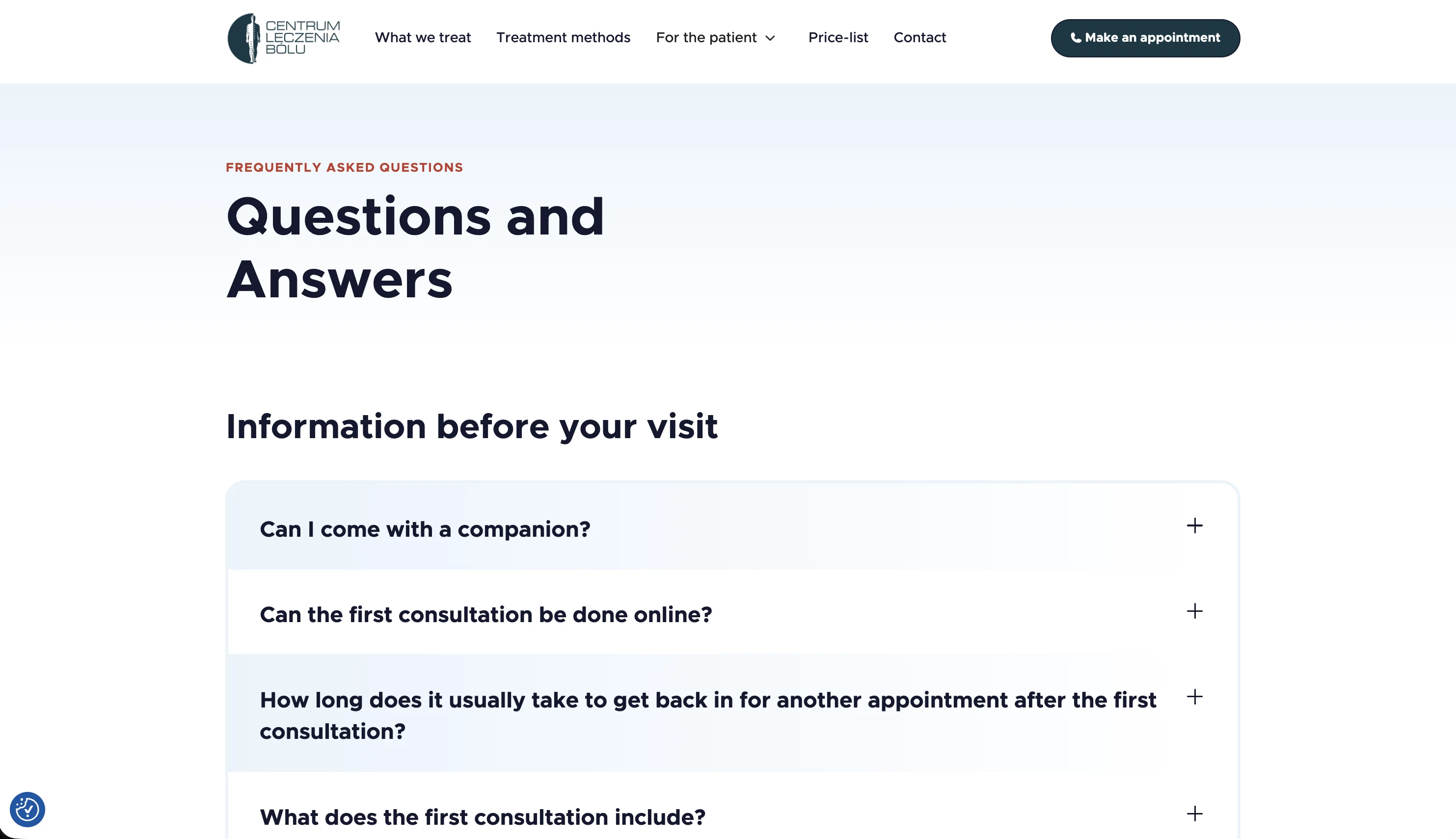 CentrumLB questions-and-answers page with expandable guidance about preparing for a first visit