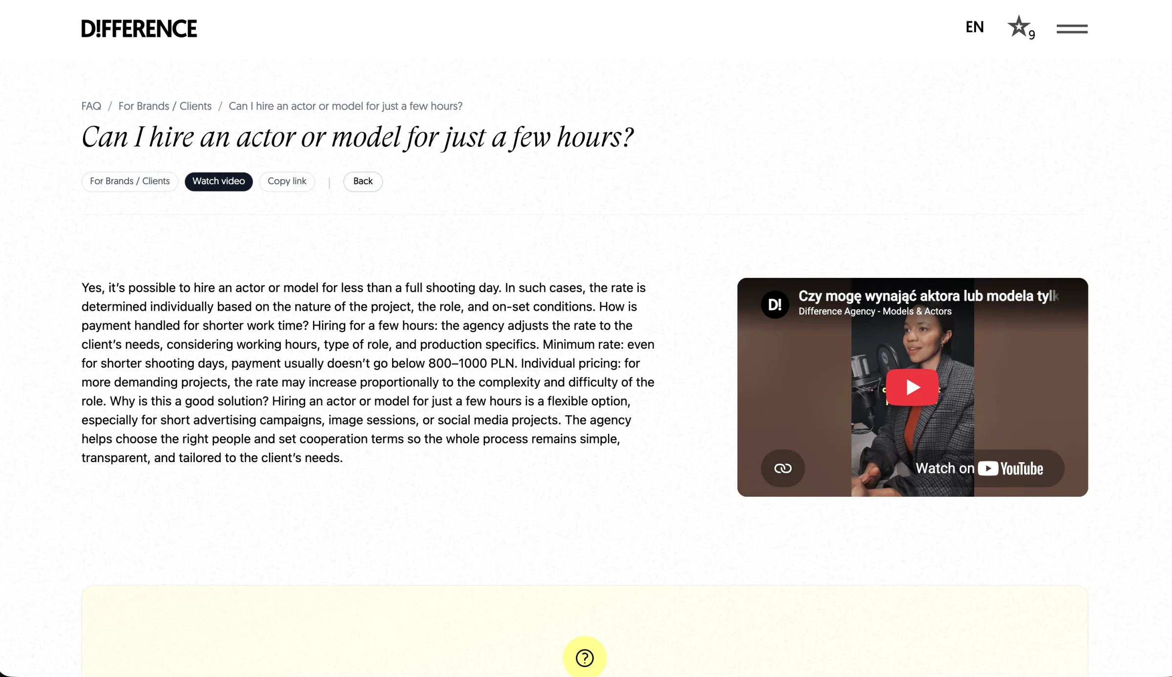 Difference Agency FAQ answer page explaining short actor or model bookings with detailed written guidance and an embedded video
