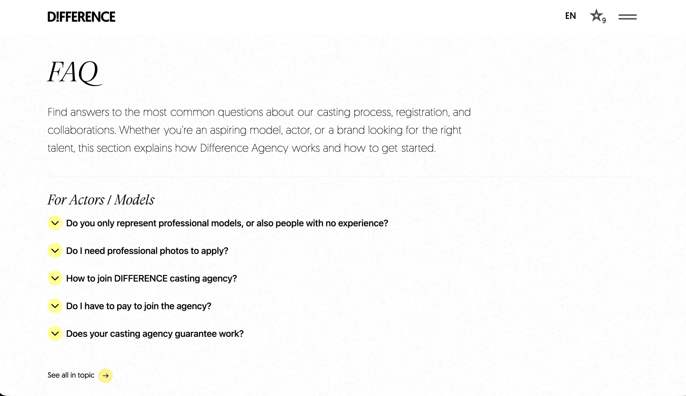 Difference Agency FAQ hub in English, showing introductory guidance and grouped questions for actors and models
