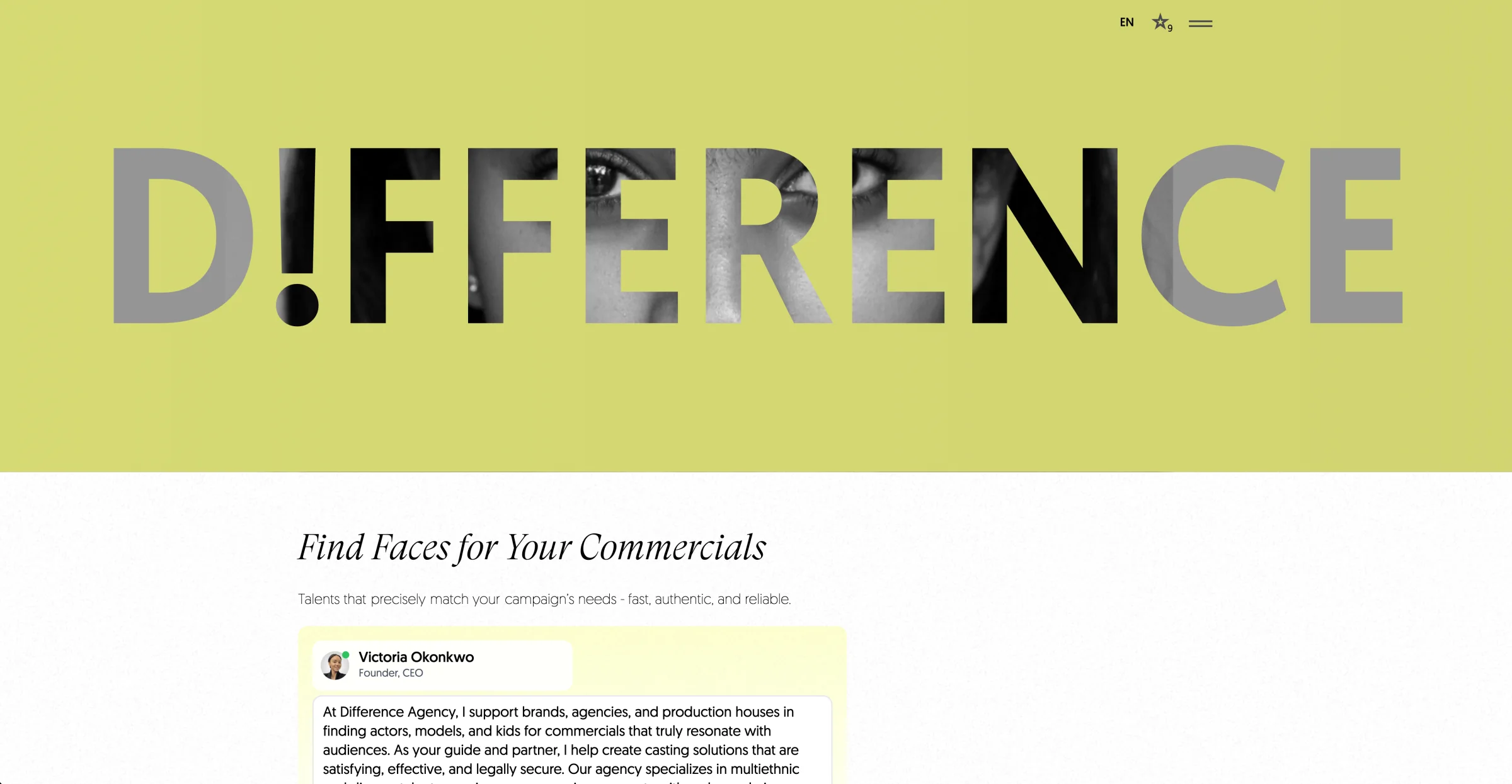 After: Difference Agency homepage with a direct commercial casting proposition, English language selector and personal founder introduction