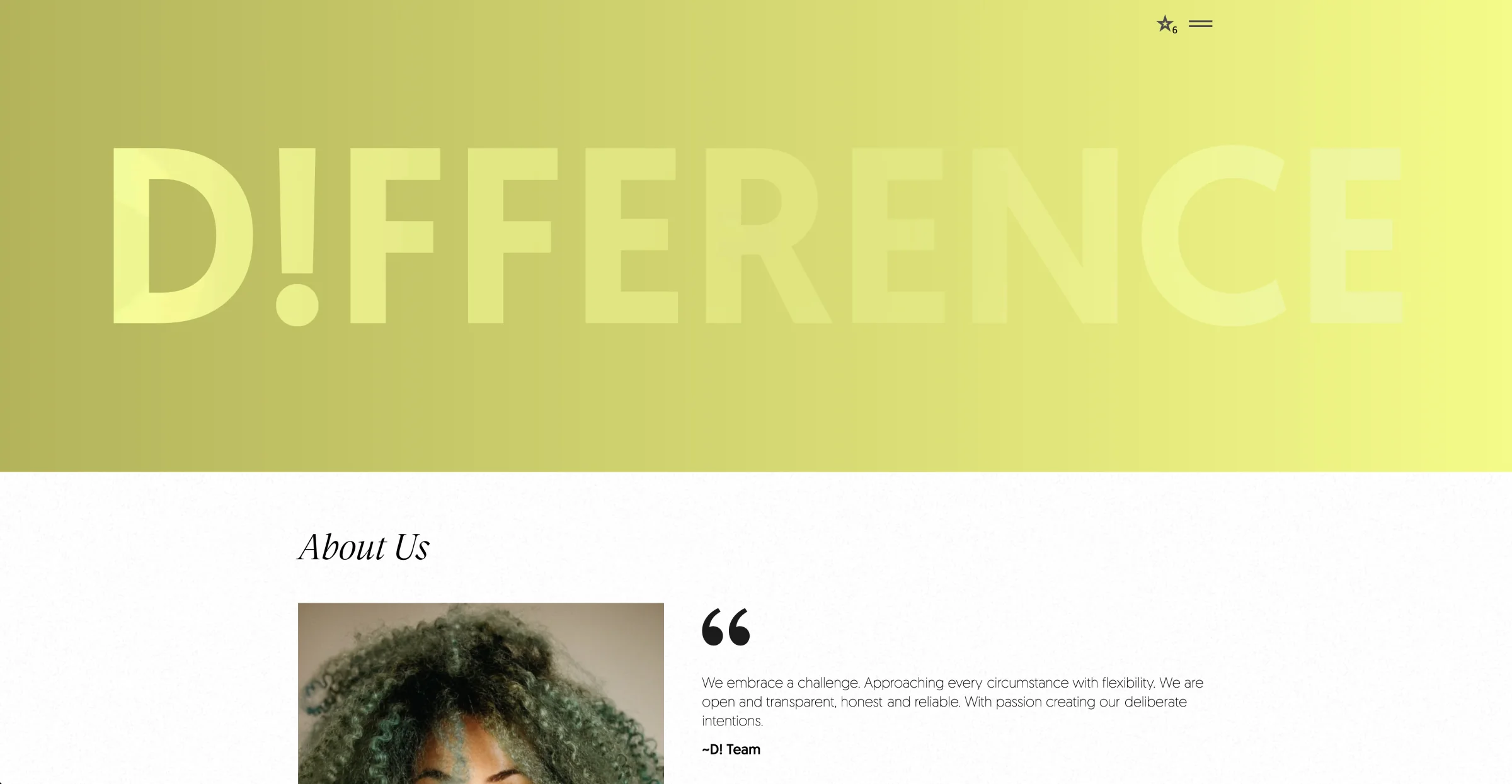 Before: Difference Agency homepage opening with an abstract Difference wordmark followed by a generic About Us section